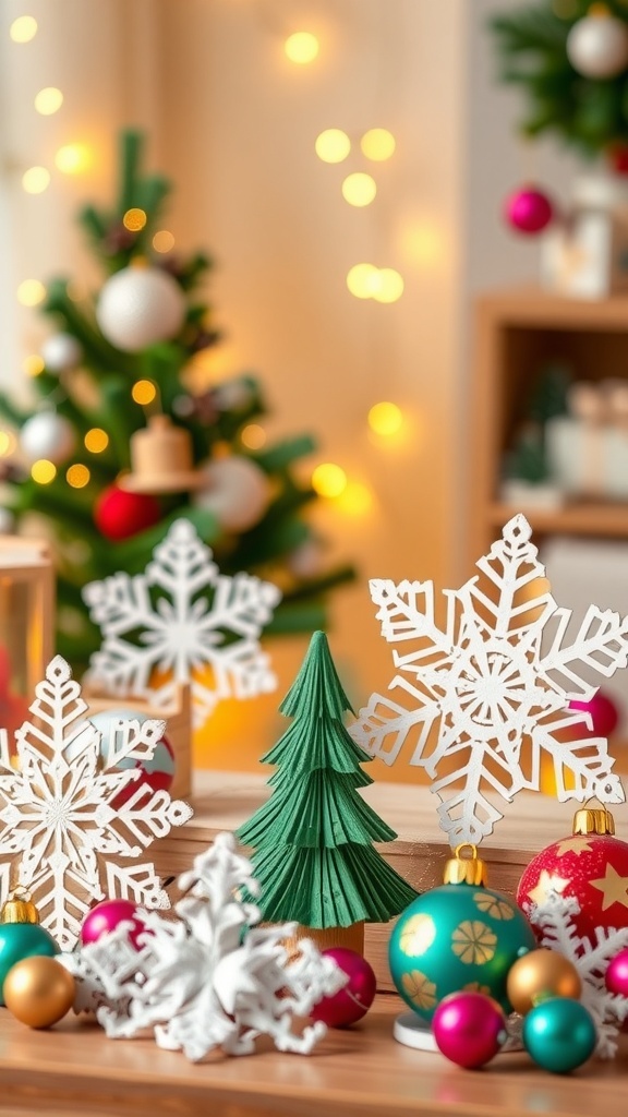 3D Christmas Aesthetic Decorations A collection of 3D Christmas decorations including paper snowflakes, wooden tree, and colorful ornaments, illuminated by fairy lights.